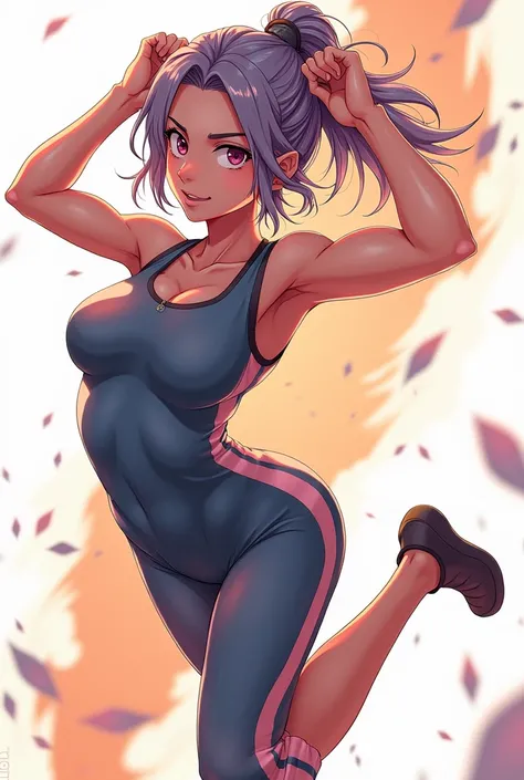 Athletic anime girl bent over with hands on head