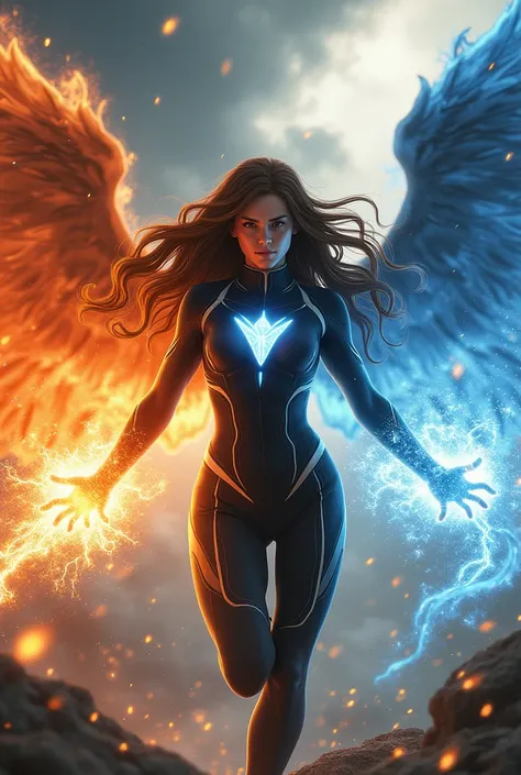 A Brown-haired teenager with fire and ice powers and with wings ready to fight