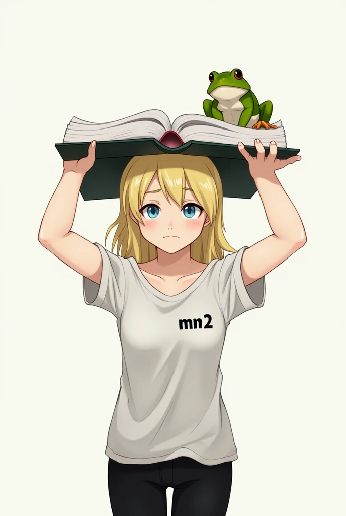 Female character book on her head open face down frog on top of the book t-shirt mm2 black pants blonde hair half long fair skin