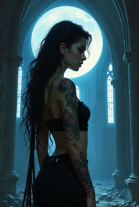 Une femme, tatouée, aux longs cheveux noirs, avec un corbeau plus imposant perché sur son épaule, se tenant debout avec défi sous une pleine lune dans un décor dune cathédrale gothique en décomposition avec des fenêtres lumineuses et des fissures dans les ...