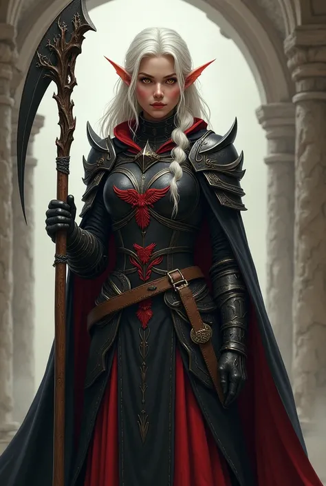 Draw an Elven Warrior. Beautiful,  athletic , the face of a wise woman who looks about 40 years old,  long white hair , , some of them are gathered in a scythe . Pointed and long ears like an elf. Глаза glow золотистой магией.  She is dressed in black and ...