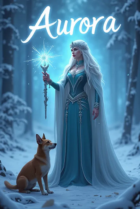 Can you create me a picture with a frost queen, with a cat and a dog wearing armor in front of her. She is holding a magic want creating "Aurora" text in the air. So there should be a text "Aurora" in the air. And in front of her, there is a sing writing "...