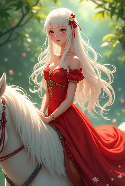 Beautiful anime girl with white hair and red dress on horseback 