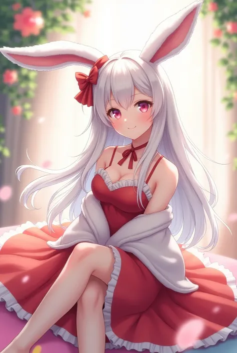 1girl, rabbit girl, (furry, kemono:2.0), white fur, rabbit ears, animal ears, anime style, red dress,