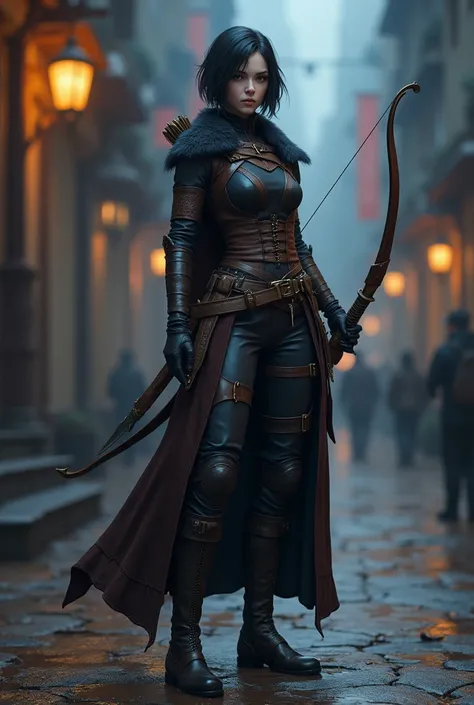 A full body of a RPG character in 3d style: (Full body:1.5), (woman:1.5), persuasive, carismatic, half elf, white skin, short hair, black haor, brown eyes, leather clothes, leather legs, boots, bow, (long bow:1.5), daggers, short blade, night city backgrou...