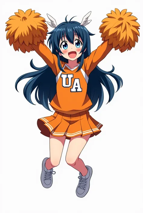 Seventeen-year-old anime girl haired black blue dark blue eyes in an orange cheerleading costume with the letters UA on her chest jumping in the air with a big smile and some anime style pompoms My Hero Academia 