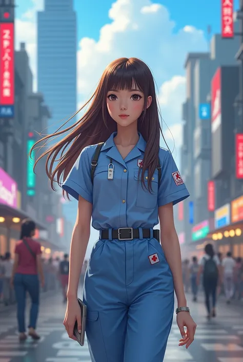 photorealistic, japanese woman in her 20s, medic, brown hair with fringe, city background, full body walking pose