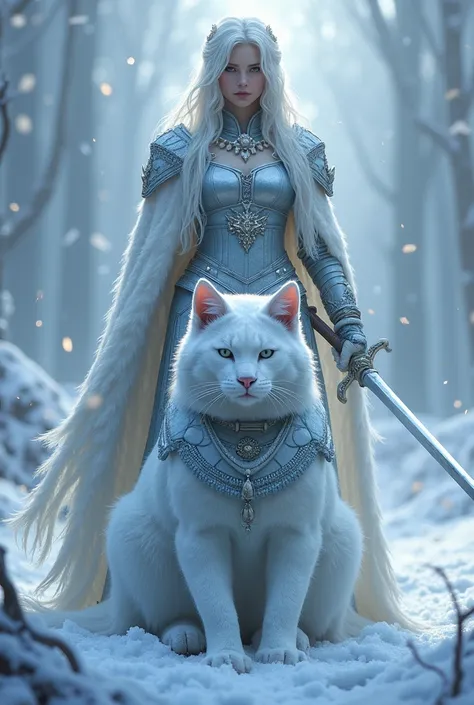 A frost warrior queen, with a frost cat wearing armor in front of her. She is holding a sword and there is an "Aurora" text in the air, on top of her. And in front of her, there is a text writing "EVV" on the ground