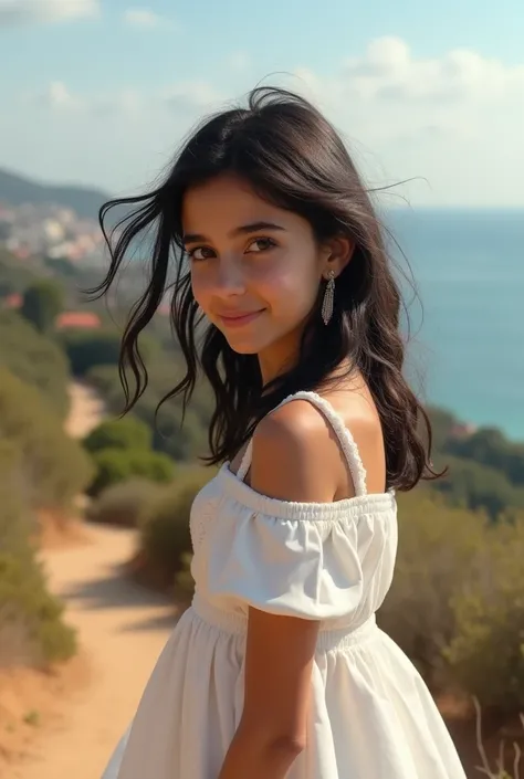 Fille très mignonne et belle,Adolescent,robe blanche avec des volants détaillés,(visage et yeux magnifiques et très détaillés:1.2), marche sur un chemin en pente vers le sommet dune colline,(bord de mer méditerranéen paysage urbain),port distant,beau ciel ...