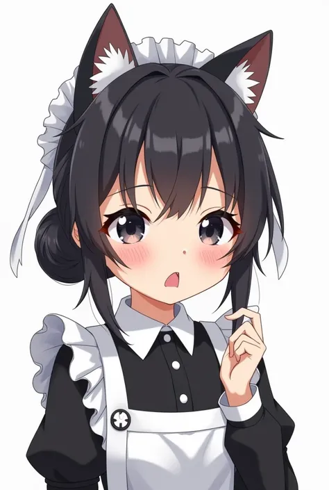 1girl, solo, black hair, animal ears, blush, maid, apron, open mouth, @_@, cat ears, wavy mouth, sweatdrop, maid apron, mole, looking at viewer, fake animal ears, upper body, black eyes, embarrassed, long sleeves, white background, black dress, hair bun, s...