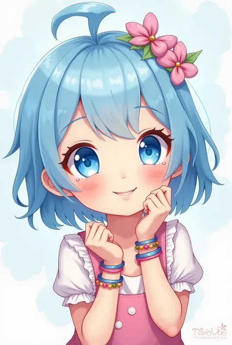 One girl, blue eyes, Light blue bob hair,smile, Gradient colored eyes, Character design drawings, accessories, Illustration, 
Cute fluffy girl
