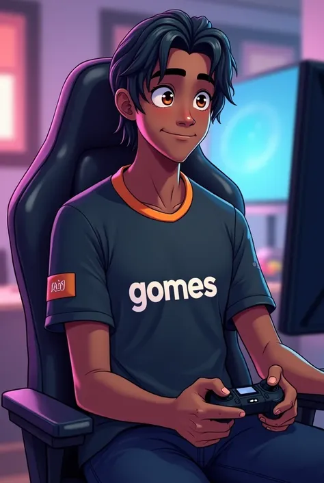  Cartoon-style male character , With low hair, skin color black, with a video game controller in his hand , Sitting on a chair game ,  with a team blouse written “Gomes” 