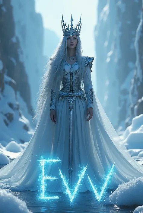 A frost warrior queen wearing a metal crown, there are glaciers around her. She is holding a sword and there is an "Aurora" text in the air on top of her. And in front of her, there is a text writing "EVV" on the ground