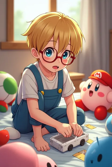 Animestyle,  boy with blonde , short, straight hair , blue eyes, Red glasses make a car out of paper on his bed ,  there are many characters from Super Mario and Kirby around him as cuddly toys