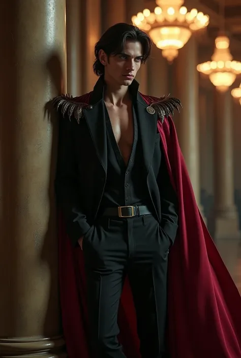 Create a handsome prince of hell, with slightly long black hair ,  with green eyes and a beautiful face .  That you are wearing a black set with shoulder pads and a red cape ,  that is leaning against a column and is looking down showing a full smile while...