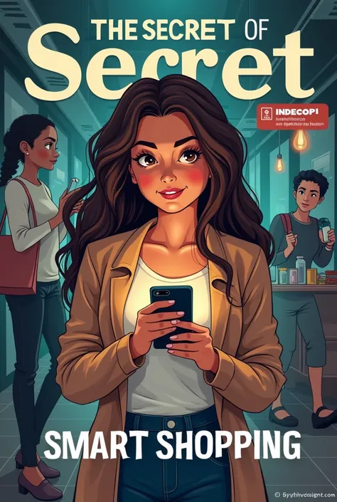  generate images .
 make me a cover of a girl holding a cell phone and the title says the secret of smart shopping and in the background her mother an illegal seller and animated indecopi 