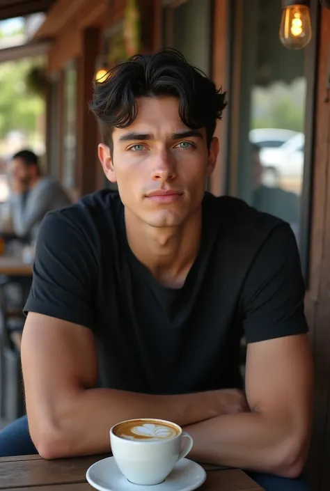 caucasusian mid teen man, black shirt and dark jeans, handsome, photorealistic, blue eyes, black hair, sitting relaxed at the outside of rural town restaurant with a cup of coffee , realistic, highly detailed, 8k, masterpiece,