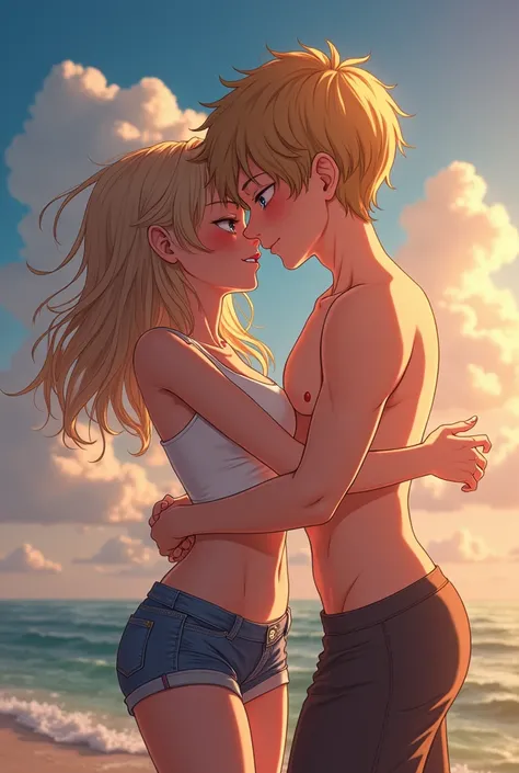 Create a anime scenery where an young boy having sex with a milf