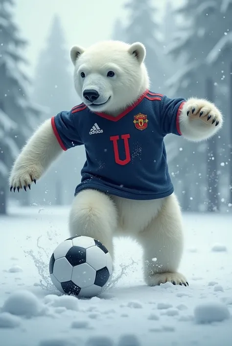 Polar bear playing soccer with dark blue soccer shirt and red letter U with Adidas in the snow