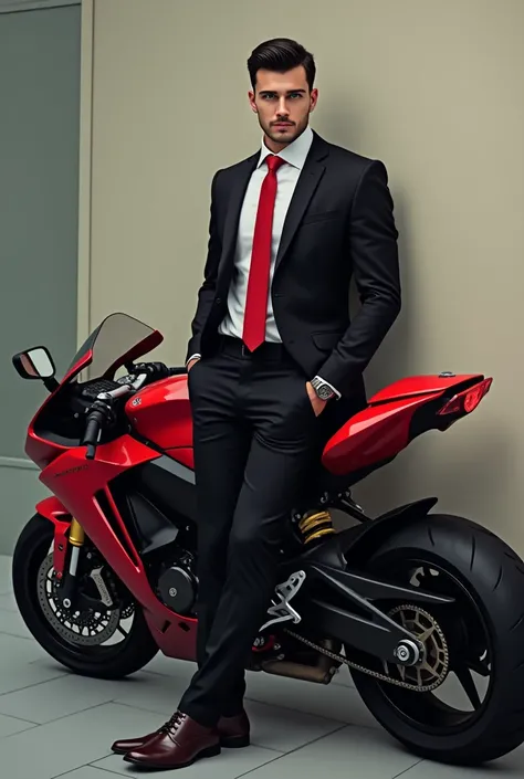  Neck-length black-haired man , no beard,dark green eyes ,  wearing a black suit with a red tie leaning against a wall next to a red motorbike 