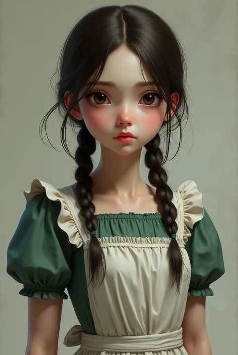 A realistic picture of a sixteen year old woman, with very skinny and pale complexion, serious face, and dated clothing: a green dress with puffy short sleeves and a white apron. She has black eyes and long brown hair, tied in two braids.