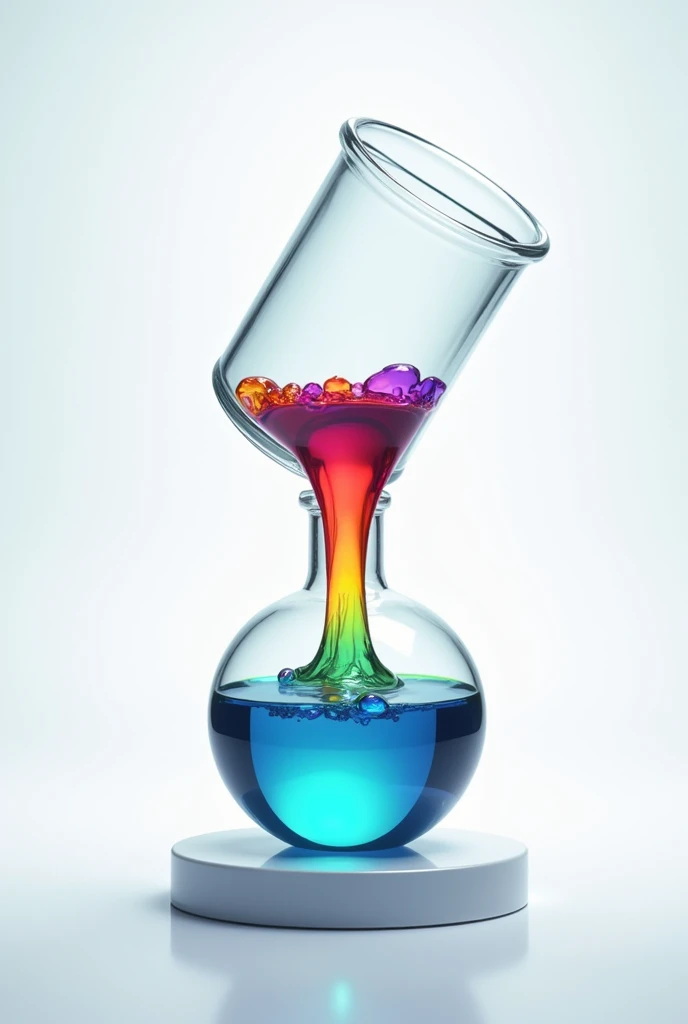 A logo of a tilted science precipitation vessel pouring rainbow water 
