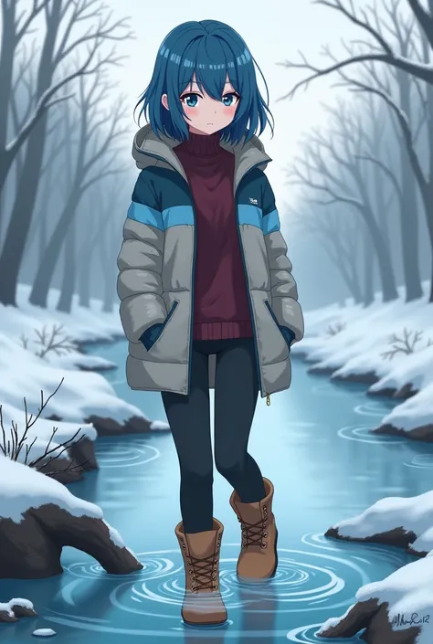 anime girl, winter,  standing knee-deep in icy river with wet clothes ,  shoulder-length blue hair , hellgraue winterjacke mit hellblauem Streifen,  dark red knit sweater , black thermal pants ,  wet light brown Timberland boots ,  left foot knee-deep unde...