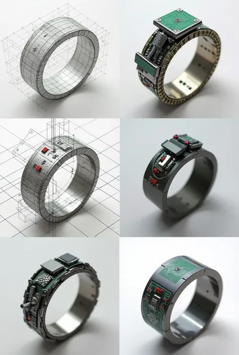  Several phases of the ring design in a single image : initial hand sketches ,  a 3D model on a computer ,  miniature electronic components ,  and finally the assembled ring .  The image should highlight the detailed process and the technology involved,  w...