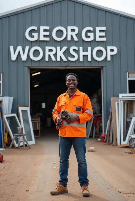 Create a modern large aluminum workshop at town city  exterior with the name "GEORGE ALUMINIUM WORKSHOP" displayed in bold silver letters on the building front. Various aluminum frames for doors, windows, and other items are showcased outside, along with t...