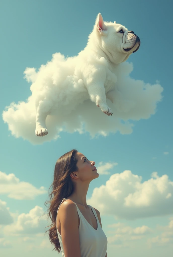 A woman looking up at the sky cloud in the shape of a standard English bulldog 
