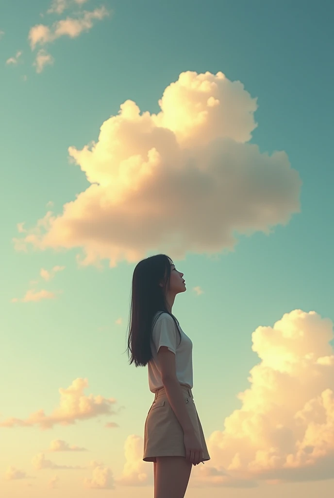 Uma black-haired woman with her back looking at the sky cloud in the shape of a brown and white English bulldog.
