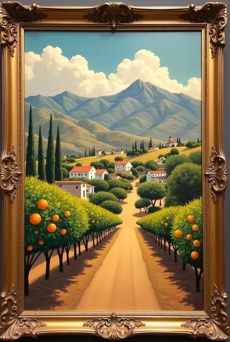 A framed painting in museum golden frame with bio of orange county California in 1930s 