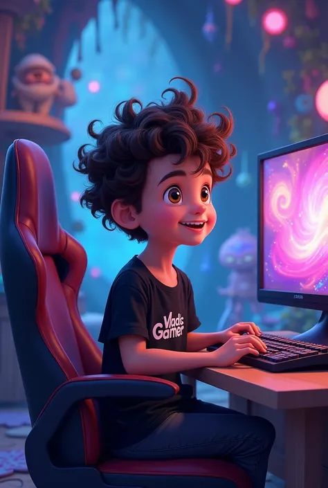 Disney-like background a gamer PC with a boy with curly hair wearing a black shirt what does Vladis gamer say 