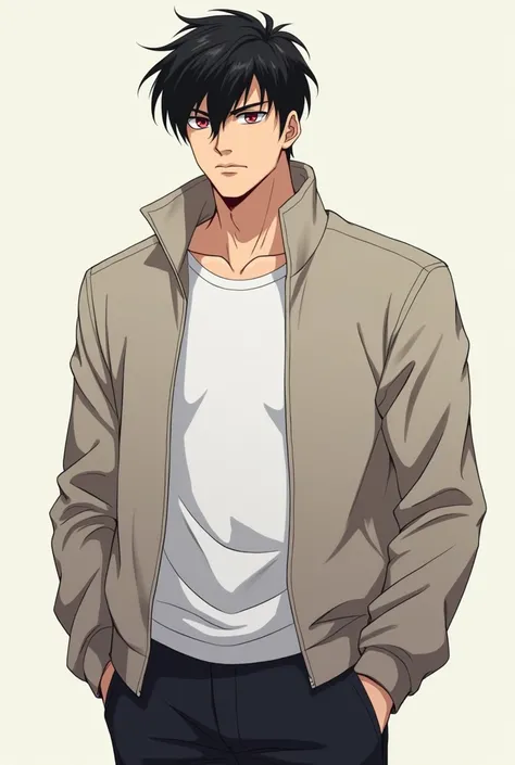 Anime Man, Twenties year old, Young, Blanck Jacket, White T-Shirt, Dark Red eyes, Black pants, Dark Hair, Muscle, Serious Look.

