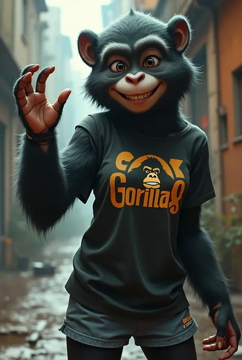  teenage gorilla young girl with a t-shirt and a logo (Gorillax ) Lean athletic physique from Tim Burton waving  