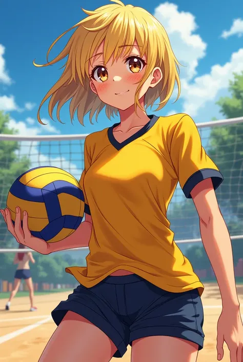 A teenager in a volleyball jersey with blonde hair anime version