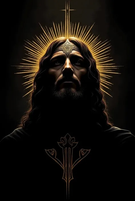 Create an image with a black background and create the silhouette of the face of Jesus Christ in the form of a tribal with the golden lines