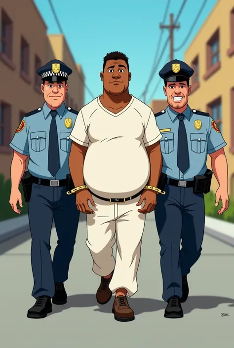 A man of short stature, half chubby and not very strong, with mixed skin color 
dressed in white and handcuffed being taken to prison by two policemen in 2D animation in Disney format 