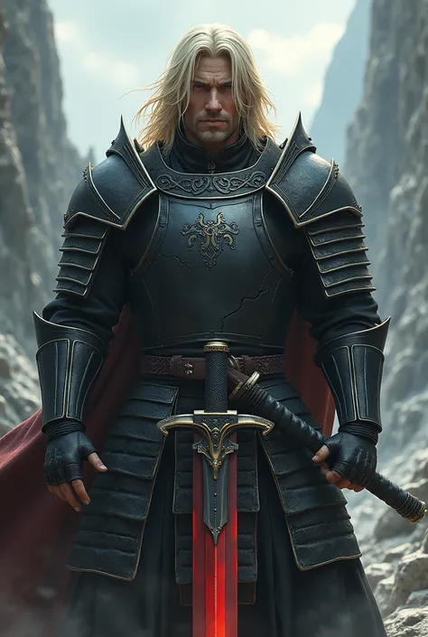 A half-weak man wearing black and silver armor, blond hair, and a black and red sword katana realistic anime-style.

