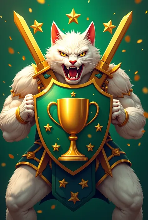 National Athletic Team Badge 
 with armor swords  , stars and golden cups in green and gold canvases held by a muscular and furious white cat
