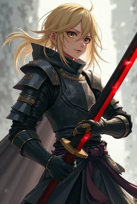 A teenager
 half weak with black and silver armor, blond hair and a black and red sword Katana realistic anime style