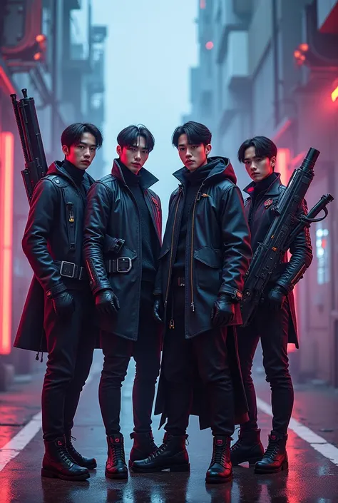 Realistic male kpop group photo in the concept of games like League of Legends with four boys, them with equipment and weapons