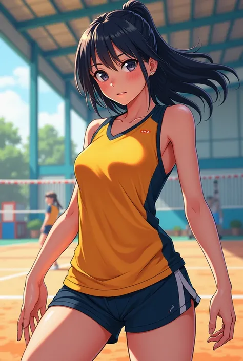 A teenager in a volleyball jersey with smooth black hair anime version