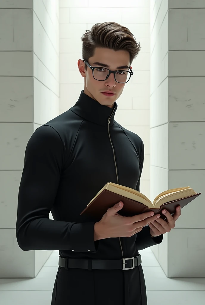 Create a beautiful young man, with short brown hair and brown eyes ,  who wears a black combat suit and his body is a little thin ,  who wears glasses and is holding a book in his left hand,  In the background, put a corridor of white stones . 