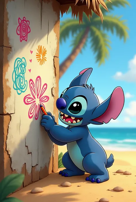 Stitch doodling stitch on a wall on the beach 
