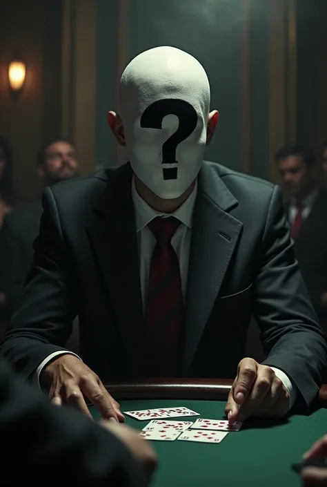 Mysterious man with question mark on his face playing poker