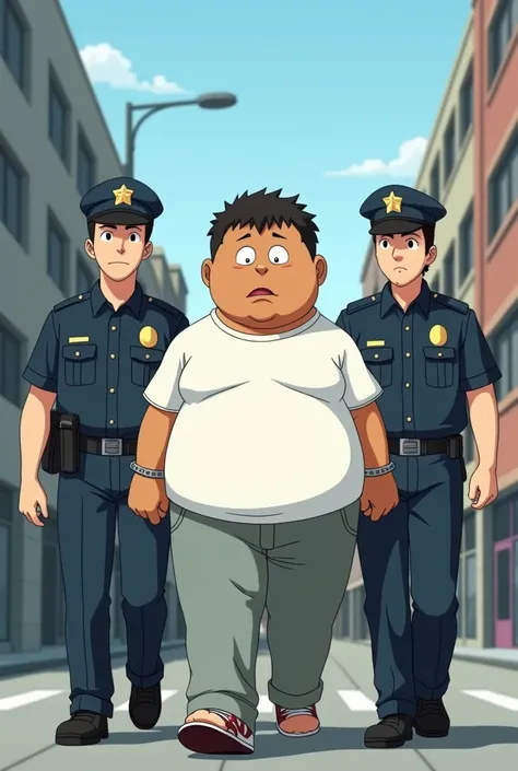 A man of short stature , Chubby and not strong with mixed skin color 
dressed in white and handcuffed being taken by two police officers to prison in 2D animation in anime format 