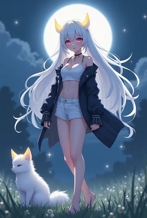  Create me an anime-style picture of a big beautiful girl with white hair , that glows half of hair in a bright yellow-white like the Moon and it has small horns that glow in a bright yellow-white tone with silver chains around the horns. She has a pink an...