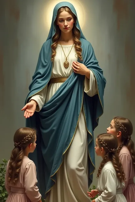  Virgin Mary dressed in a blue cloak and a white dress and in her left hand wears a scapular, She has long hair with a line in the center .  At her feet four girls one of them with two long braids .