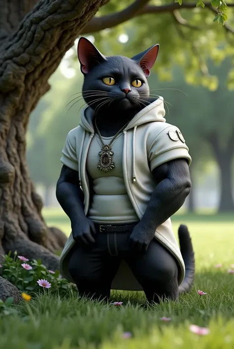 Make me a 3d image , a black cat, high,  on two legs ,  black pants ,  tight white jacket,  abdominal family marked,  bodybuilders arms , Sitting under a tree,  In a park , with tears in the eyes ,  sad